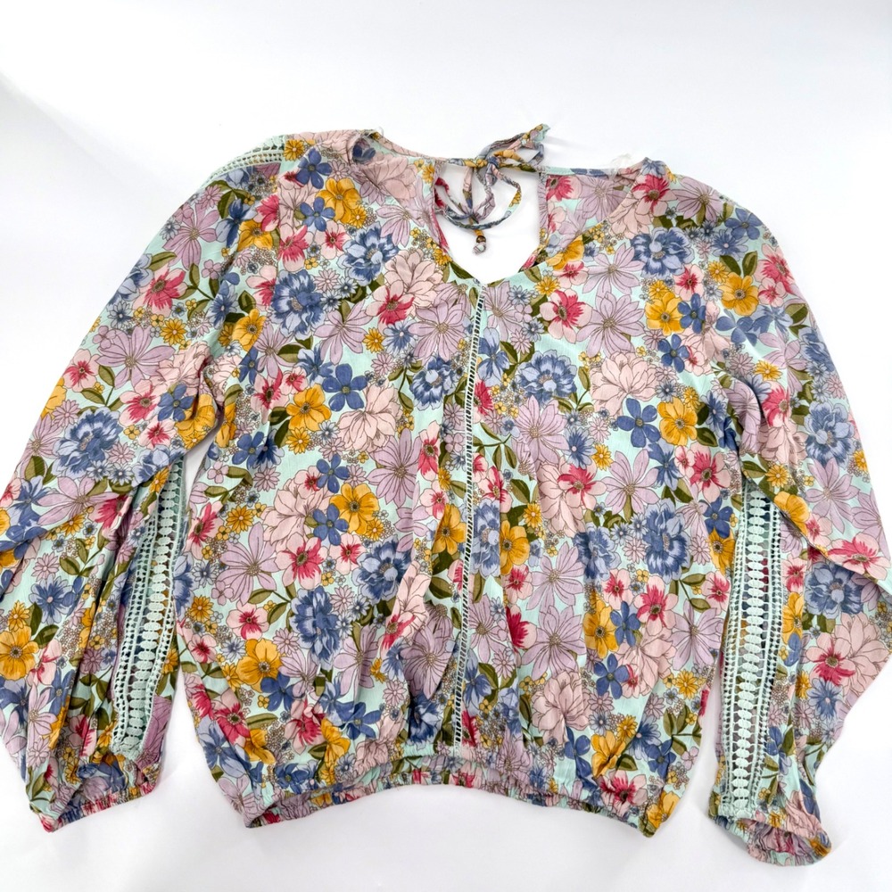 Angie Women Floral Crochet Lace Trim Tie Back Blouse Mint Multi Large NEW